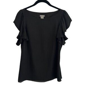 Ann Taylor Black Ruffle Sleeve Lined Silk Blouse - Small